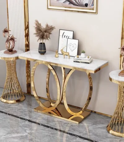 Modern marble console table with stainless steel frame in entryway