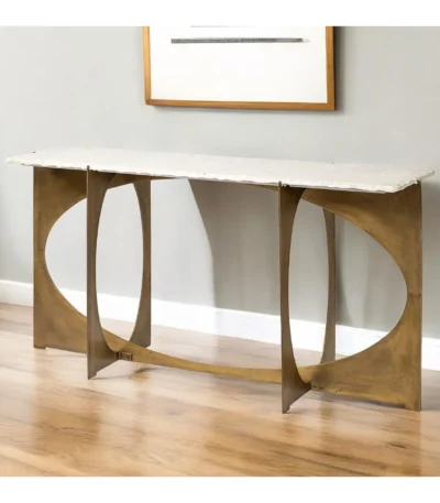 White marble and gold console table with live edge top and geometric metal base
