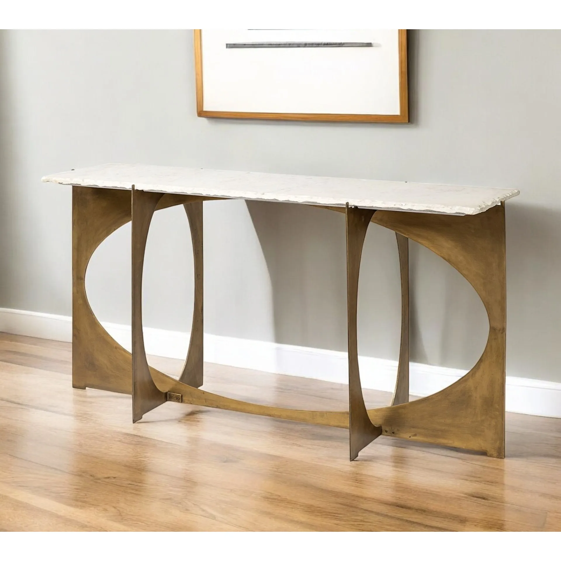 H24ad8815c8ef4c5fb4197c6f299c0141o.webp White marble and gold console table with live edge top and geometric metal base