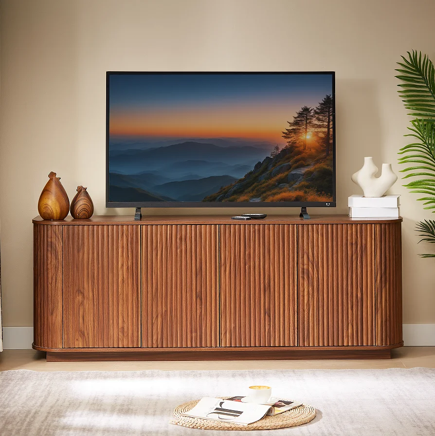 H24cad1a6c40f4296821a4cafeaeb997du.webp Modern TV stand with wave pattern design and adjustable shelves for TVs up to 64 inches, shown in natural wood finish