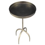 Distressed brass pedestal end table with round raised tray top and iron construction, perfect as accent side table for living room