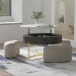 Goldoma 31.5 inch round lift top coffee table with steel frame in black, converted to desk height for laptop use