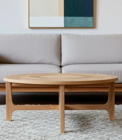 Round coffee table 39 inch natural and white distressed solid wood in a farmhouse living room