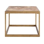 Natural solid wood coffee table with metal base in a living room setting