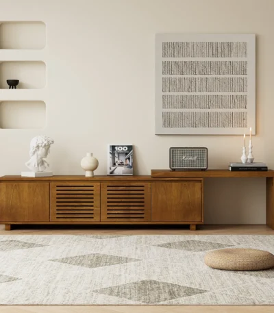 Mid-Century Modern Solid Oak Extendable TV Stand with adjustable storage for up to 75 inch TVs in a living room