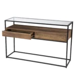 Goldoma 48-inch glass console table with black metal frame and lower shelf in modern living room