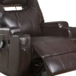 Power heated massage recliner in black bonded leather with adjustable headrest and built-in cupholders