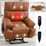 Goldoma brown faux leather power lift recliner with heat and massage, dual motor, and hidden cup holders