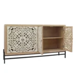 Goldoma vintage carved wood console table with floral doors and black metal base in a living room entryway as a storage sideboard