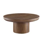 Goldoma round coffee table with wood veneer top and cylindrical legs in dark brown, modern style for living room
