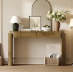 Modern fluted wood console table with natural oak finish and storage in entryway