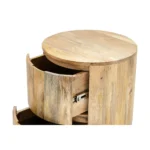 Goldoma solid wood drum end table with two drawers in natural finish, 24-inch height, placed next to a sofa