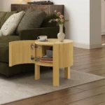 Goldoma fluted side table with storage - solid wood round side table with adjustable height and soft-close door in living room