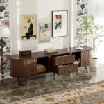 Goldoma 70-inch mid century modern wood tv stand with adjustable shelves in a living room