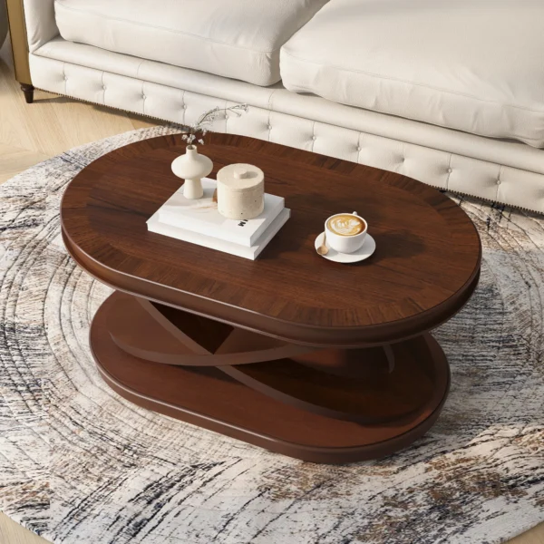 Goldoma 44 inch modern oval wood coffee table with X base and open storage in living room