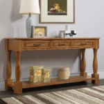 Goldoma 63-inch mid-century console table with 3 drawers and bottom shelf in brown, featuring solid wood legs and tapered design
