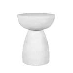 Goldoma 22 inch white distressed solid wood round end table with hand-carved pedestal base in a living room setting