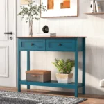 Goldoma farmhouse console table with storage drawers in rustic blue finish, perfect for entryway organization