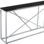 Goldoma 52-inch faux stone console table in black and silver placed in a modern entryway