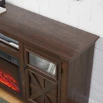 Goldoma 2-Door Farmhouse TV Stand with 1400W electric fireplace insert, espresso finish, offering a rustic barn-style design with remote control for heating and flame effect