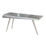Goldoma 56-inch silver aluminum console table with three wood legs in a modern living room