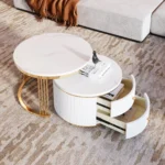 White round nesting coffee table with drawer by Goldoma, featuring a two-piece set for space-saving living room furniture