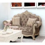 Gray and off-white damask chesterfield loveseat with sleeper function and toss pillows by Goldoma
