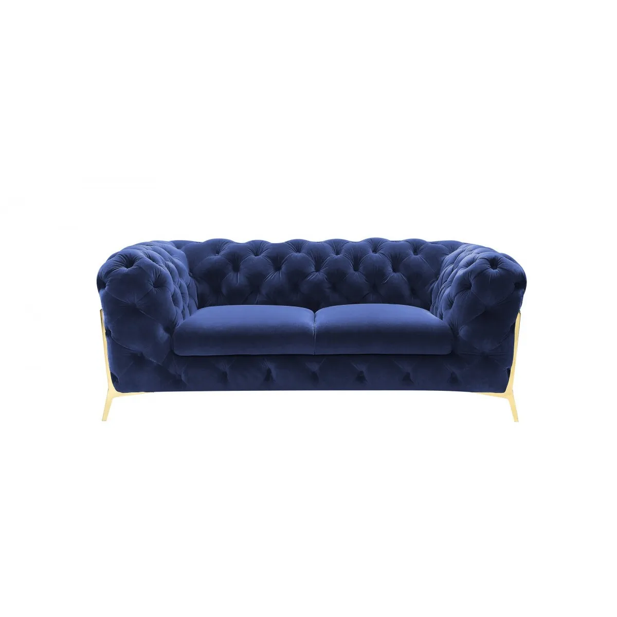 H27a0e537da124b798fa4a0647cf08ad5E.webp Blue velvet loveseat with gold legs and diamond tufting in a living room