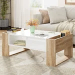 Goldoma high gloss coffee table with drawers and hidden compartment in black and wood grain finish for modern living room