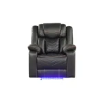 Goldoma LED power recliner in black faux leather with built-in LED lighting, wood legs, and power recline controls