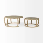Goldoma brown glass nested coffee table set with solid wood base, vintage round design in living room