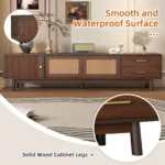 Goldoma adjustable TV stand for 80 inch TV with sliding doors and drawers in modern mid-century wood design