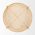 Goldoma round glass coffee table with solid wood frame and cane rattan shelf in living room