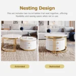 White round nesting coffee table with drawer by Goldoma, featuring a two-piece set for space-saving living room furniture