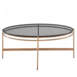 Goldoma 35 inch round glass coffee table with gold stainless steel frame and gray tempered glass top in living room