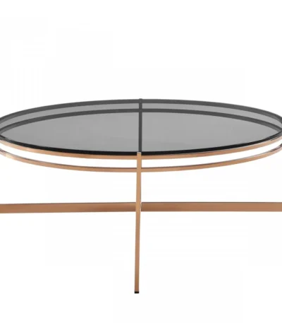 Goldoma 35 inch round glass coffee table with gold stainless steel frame and gray tempered glass top in living room