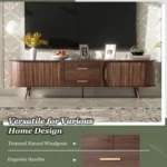 Goldoma mid-century modern TV stand for 80 inch TVs with walnut wood finish and black metal shelves