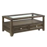 Goldoma brown adjustable console table with marble inset top and drawers in a modern living room setting