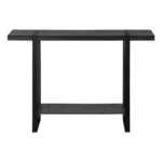 Goldoma 47-inch distressed sled console table in black faux wood and metal with lower shelf