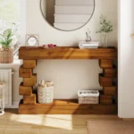 Goldoma solid wood console table with storage and warm natural finish in entryway