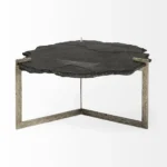 Goldoma 40 inch free form coffee table with distressed black stone top and gold iron base in a living room