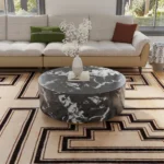 Modern marbling coffee table with drawer in a living room setting