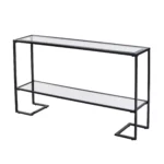 Goldoma 52 inch contemporary sled console table with clear glass top and black mirrored shelves in an entryway