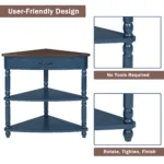 Goldoma solid wood corner table in navy blue with three tiers in a living room corner