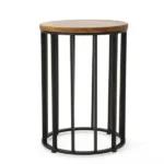 Goldoma 15 inch round solid wood outdoor side table with black metal frame on a patio
