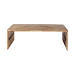 Goldoma 48-inch brown solid wood coffee table with metal accents in a living room, vintage style