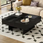 33''Mid Century Modern Coffee Table,Unique Square Wooden Coffee Table with 3 Drawers, Tempered Glass and Solid Wood Legs