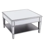 Goldoma 29 inch silver mirrored square coffee table with shelf and drawers in a modern living room