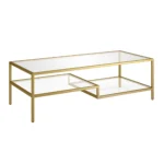 Goldoma 54 inch gold glass and steel coffee table with two shelves in living room