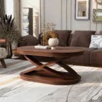 Goldoma 44 inch modern oval wood coffee table with X base and open storage in living room